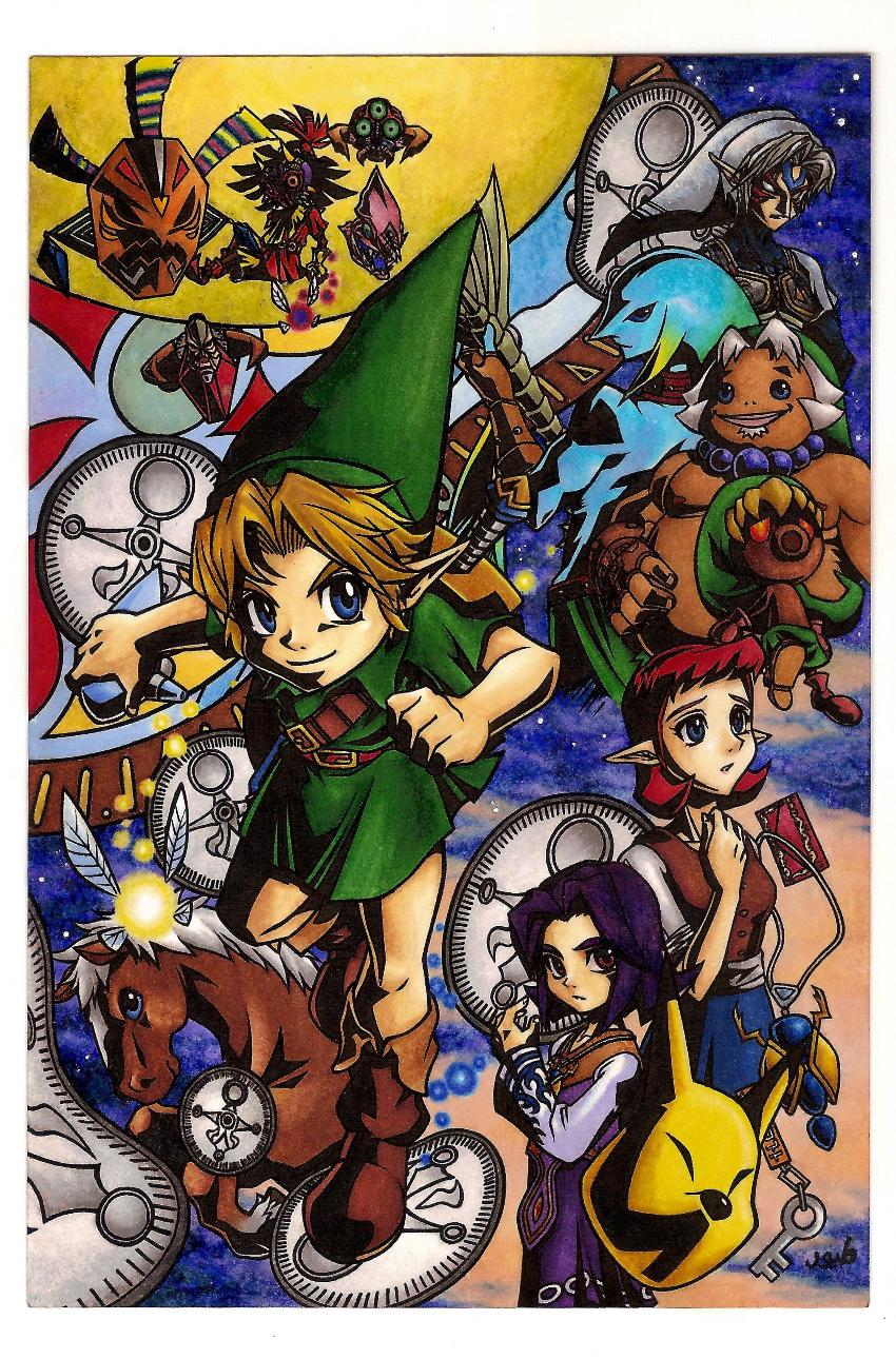 link, majora, fierce deity, tatl, epona, and 10 more (the legend of zelda and 1 more) drawn by kandori_makoto and mak