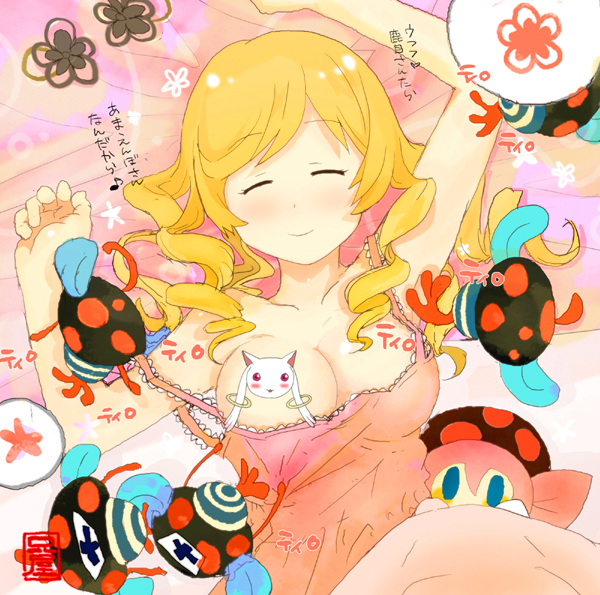 tomoe mami, kyubey, and charlotte (mahou shoujo madoka magica) drawn by ani_(aniya)