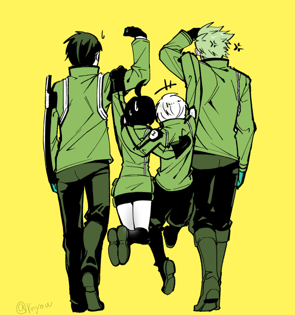 amatori chika, kuga yuuma, mikumo osamu, and hyuse (world trigger) drawn by miyamayomema
