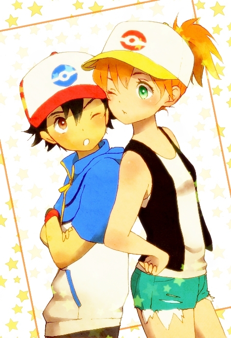 hilda, ash ketchum, and misty (pokemon and 1 more) drawn by popela