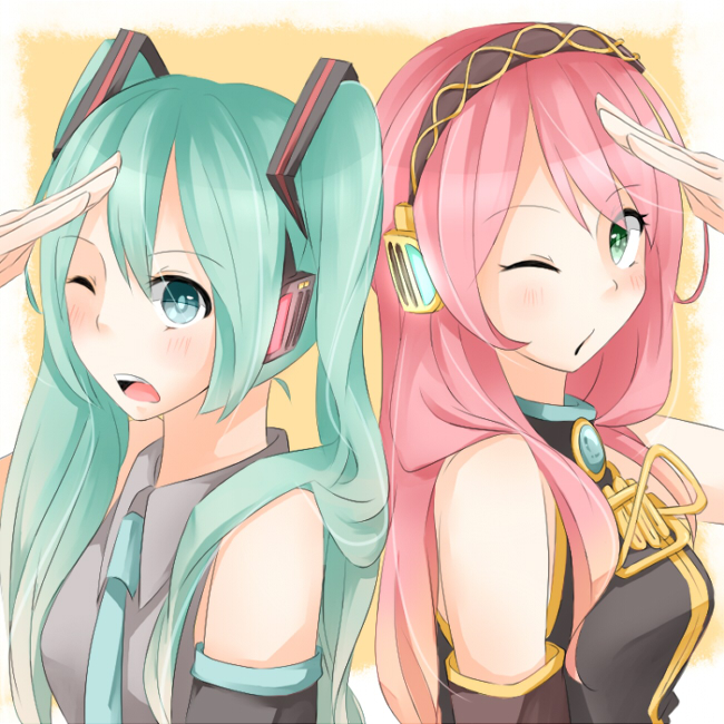 hatsune miku and megurine luka (vocaloid) drawn by enoki.
