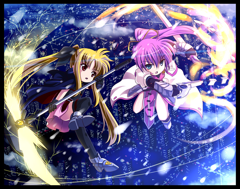 fate testarossa, bardiche, signum, and laevatein (lyrical nanoha and 2 more) drawn by yone