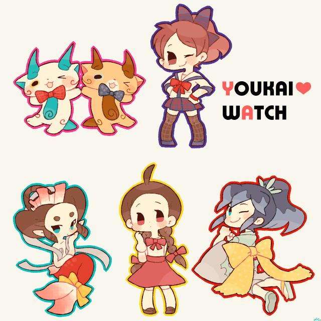 komasan, kodama fumika, komajirou, fubukihime, amano yukiko, and 1 more (youkai watch) drawn by chiyoko_(oman1229)