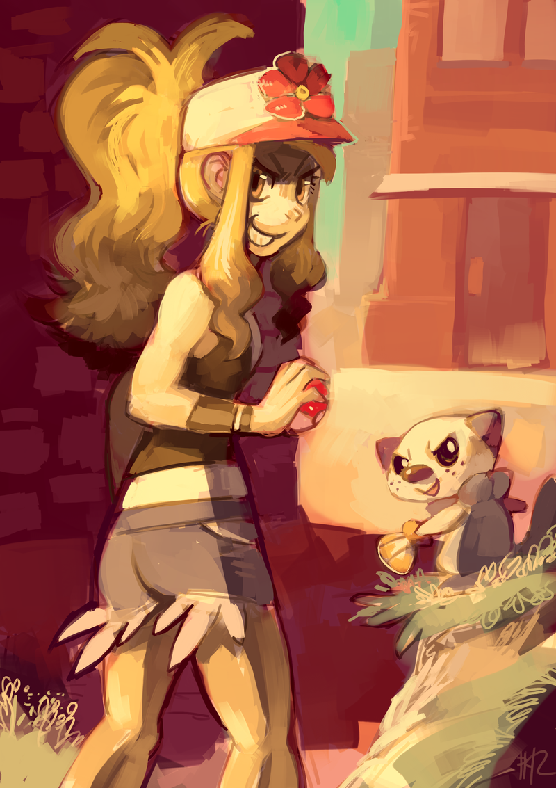 hilda and oshawott (pokemon and 1 more) drawn by glitchedpuppet