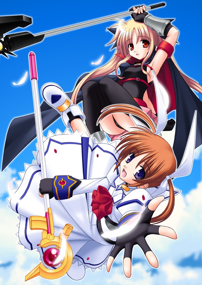fate testarossa, takamachi nanoha, raising heart, and bardiche (lyrical nanoha and 2 more) drawn by kitamiya_genbu