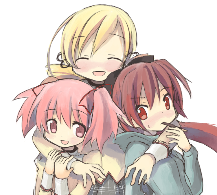 kaname madoka, sakura kyoko, and tomoe mami (mahou shoujo madoka magica and 1 more) drawn by kyabechi