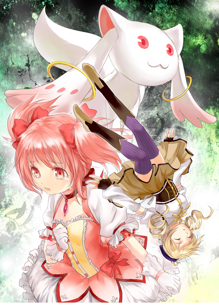 kaname madoka, tomoe mami, and kyubey (mahou shoujo madoka magica) drawn by masara_(acgarts)