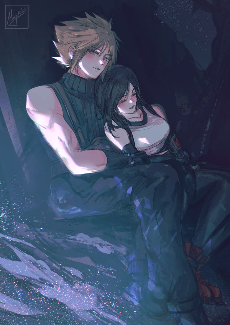 tifa lockhart and cloud strife (final fantasy and 2 more) drawn by miyukiko