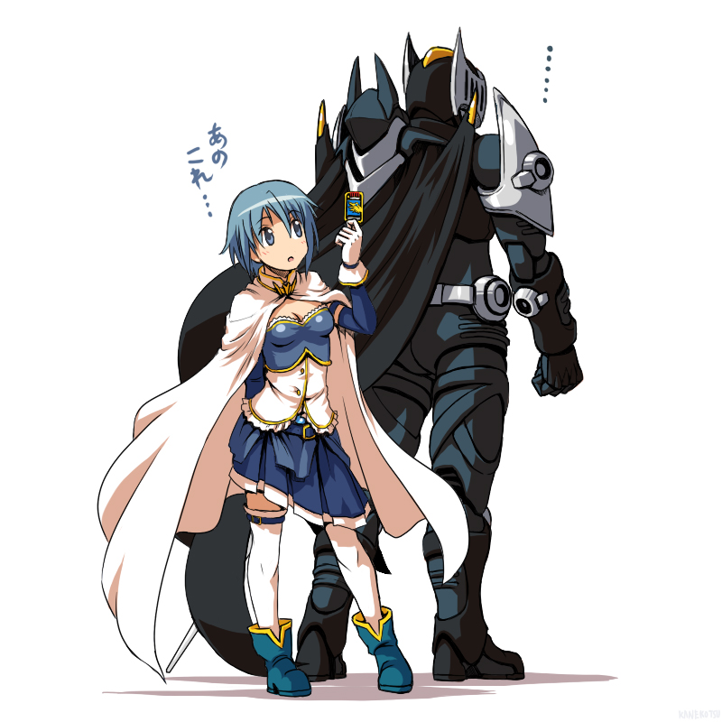 miki sayaka and kamen rider knight (mahou shoujo madoka magica and 2 more) drawn by kaneko_tsukasa