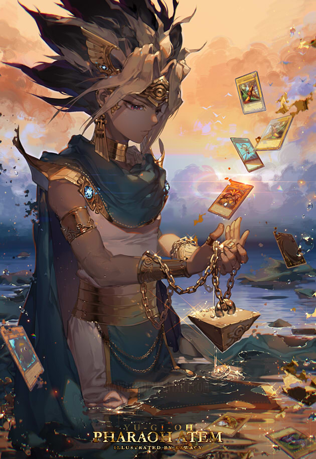 dark magician, kuriboh, atem, exodia the forbidden one, and monster reborn (yu-gi-oh! and 1 more) drawn by kawacy