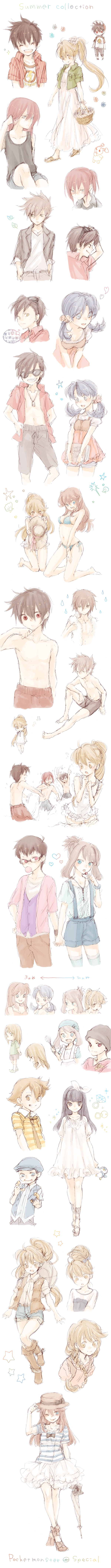 dawn, may, hilda, red, ethan, and 11 more (pokemon and 1 more) drawn by kumatani
