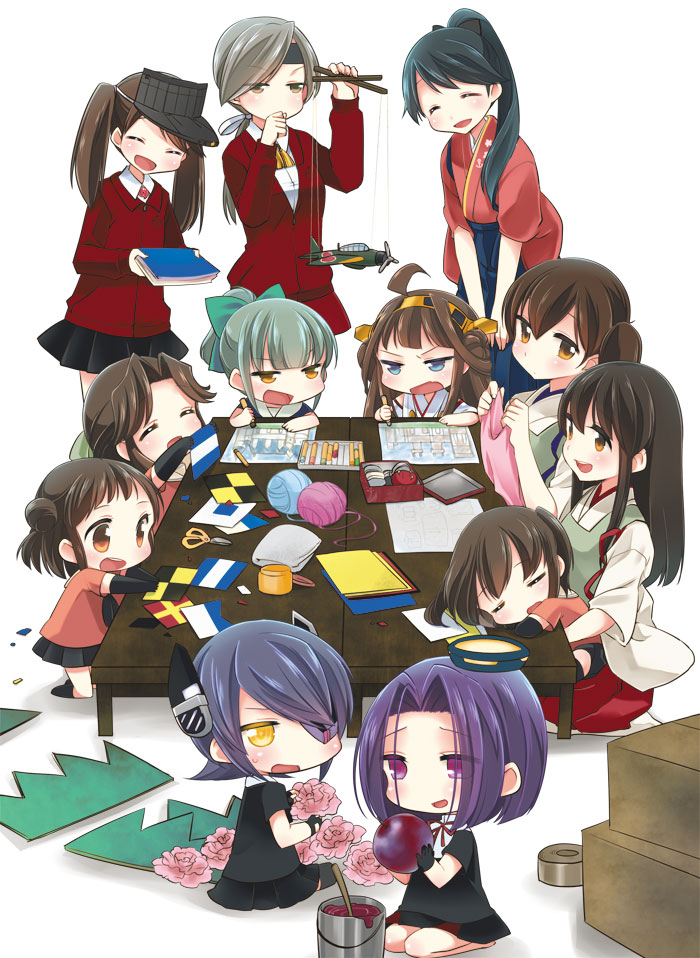 kaga, kongou, akagi, tenryuu, ryuujou, and 7 more (kantai collection) drawn by koruri