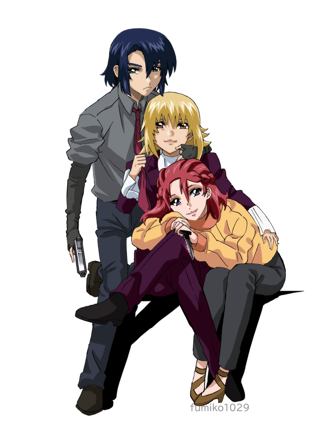 cagalli yula athha, athrun zala, and meyrin hawke (gundam and 2 more) drawn by fumiko_(mesushi)