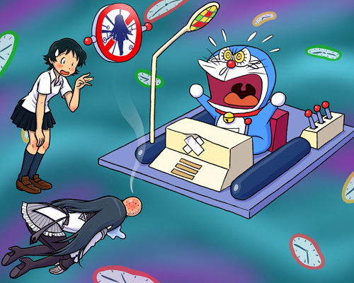 akemi homura, doraemon, and konno makoto (mahou shoujo madoka magica and 2 more) drawn by mochi-iri_kinchaku