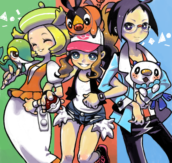 hilda, oshawott, snivy, bianca, tepig, and 1 more (pokemon and 1 more) drawn by torco_(motoi)