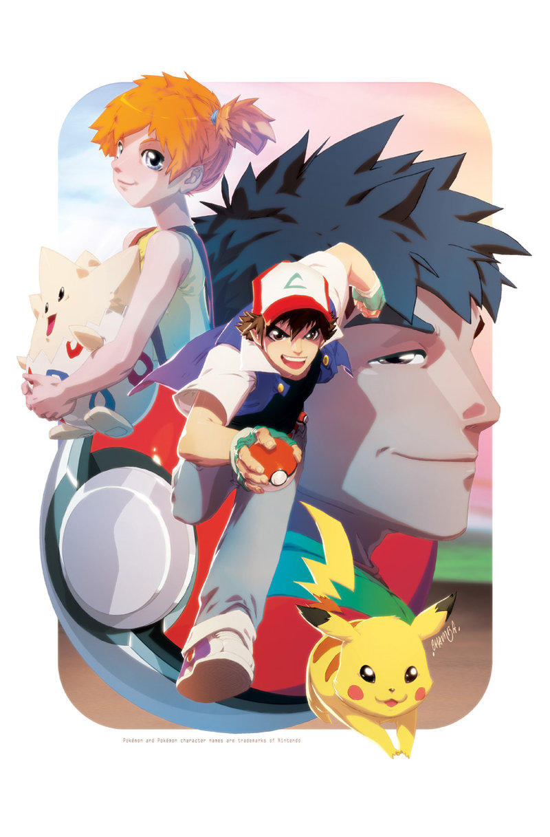 pikachu, ash ketchum, misty, togepi, and brock (pokemon) drawn by chamba