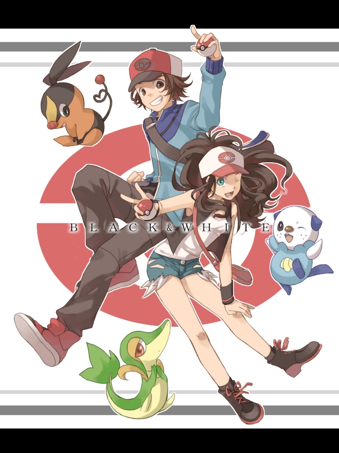 hilda, hilbert, oshawott, snivy, and tepig (pokemon and 1 more) drawn by shibanashi_miso