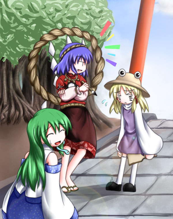 kochiya sanae, moriya suwako, and yasaka kanako (touhou) drawn by baerun