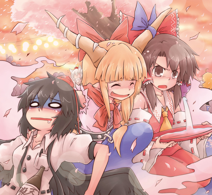 hakurei reimu, kirisame marisa, shameimaru aya, inubashiri momiji, and ibuki suika (touhou) drawn by viva!!