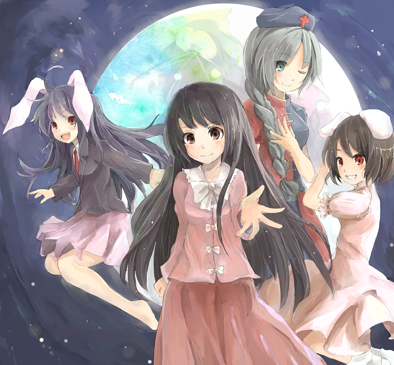 reisen udongein inaba, houraisan kaguya, inaba tewi, and yagokoro eirin (touhou) drawn by shimada_sarasara