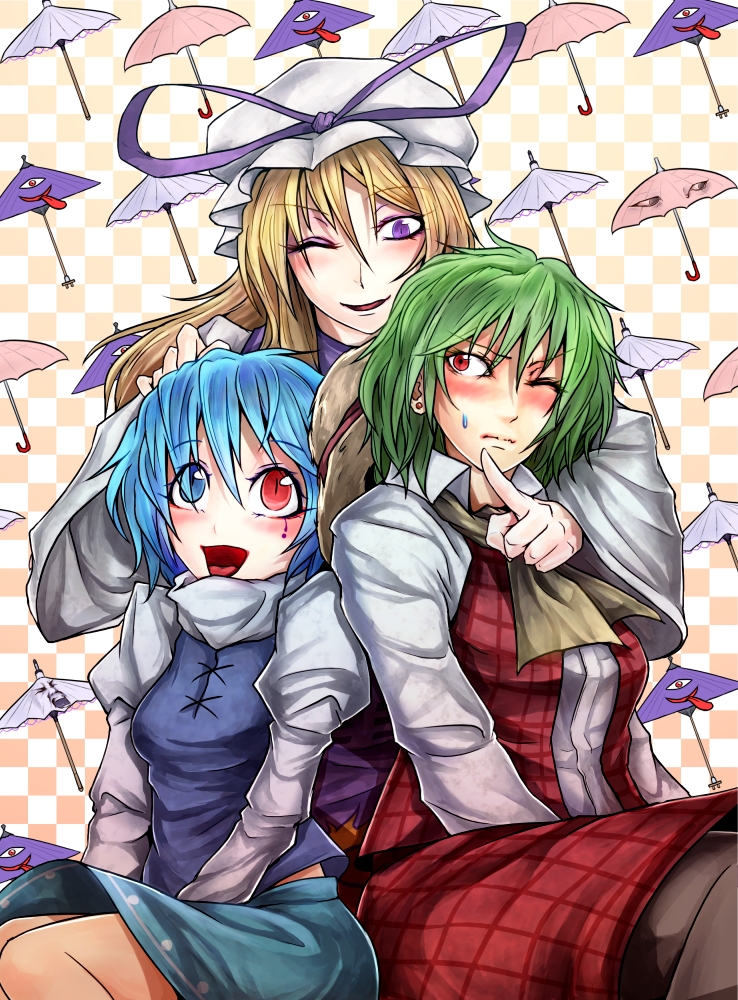 yakumo yukari, kazami yuuka, tatara kogasa, and yajuu senpai (touhou and 1 more) drawn by ryuuichi_(f_dragon)
