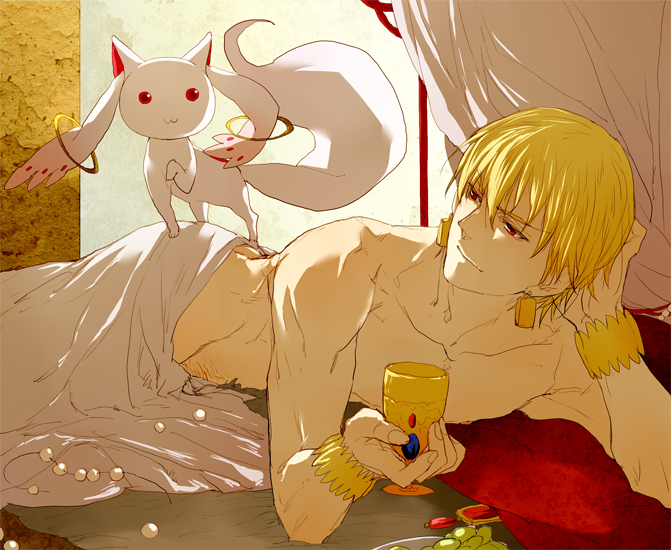 kyubey, gilgamesh, and urobuchi gen (fate and 3 more) drawn by pinki_(shounenkakuseiya)