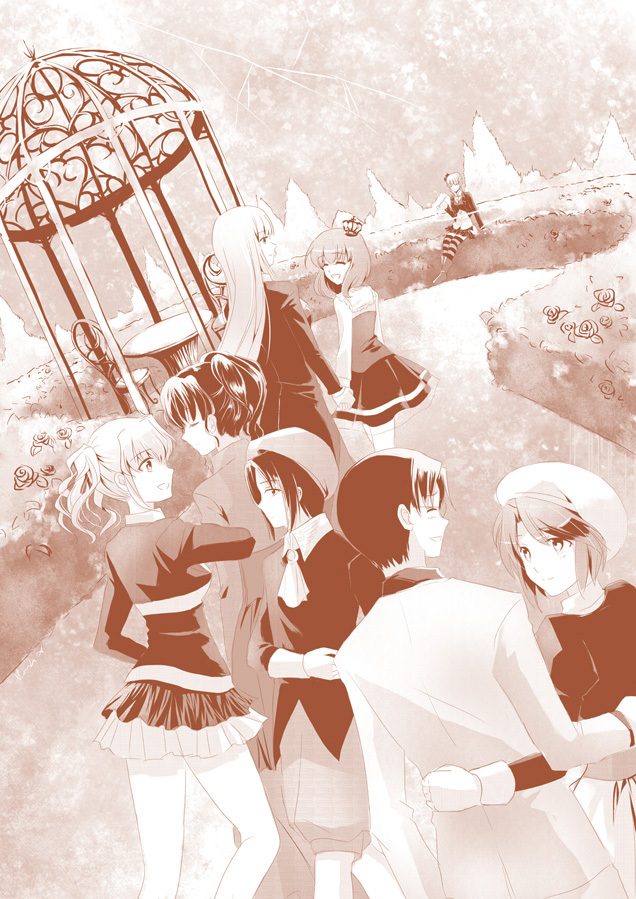 beatrice, ushiromiya maria, ushiromiya jessica, shannon, kanon, and 3 more (umineko no naku koro ni) drawn by feesh