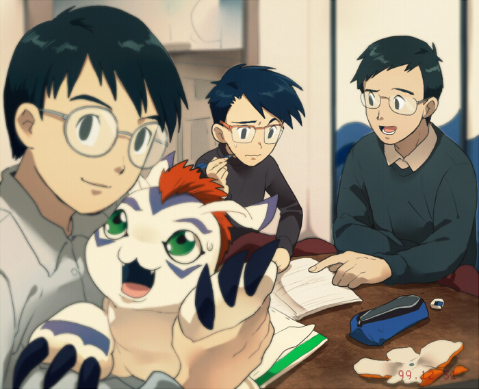 kido jo, gomamon, kido shuu, and kido shin (digimon and 1 more) drawn by t_k_g