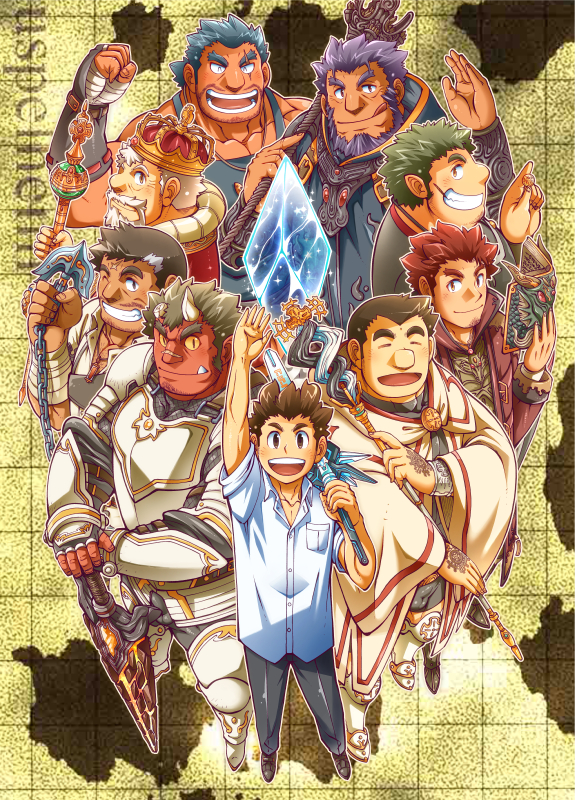 orgus, protagonist, sol, jormungandr, gordon, and 4 more (shoukan yuusha to f-kei kareshi) drawn by bombom
