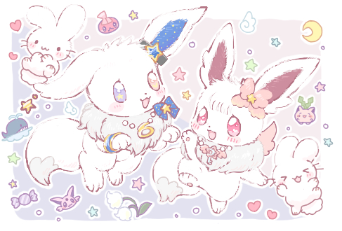 eevee, espeon, hoppip, and tinkatink (original and 1 more) drawn by wanekko_(hanekoro)