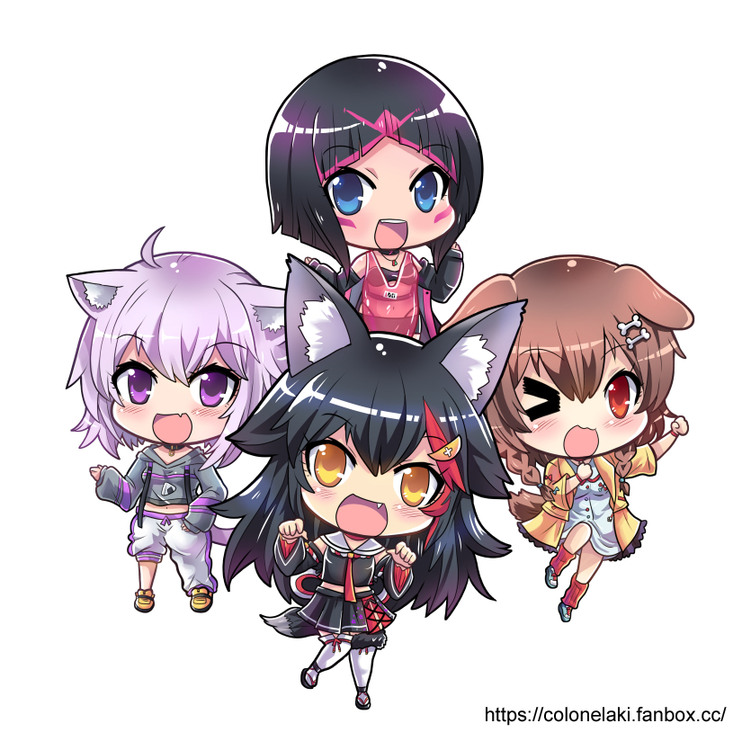nekomata okayu, ookami mio, inugami korone, and azki (hololive) drawn by colonel_aki