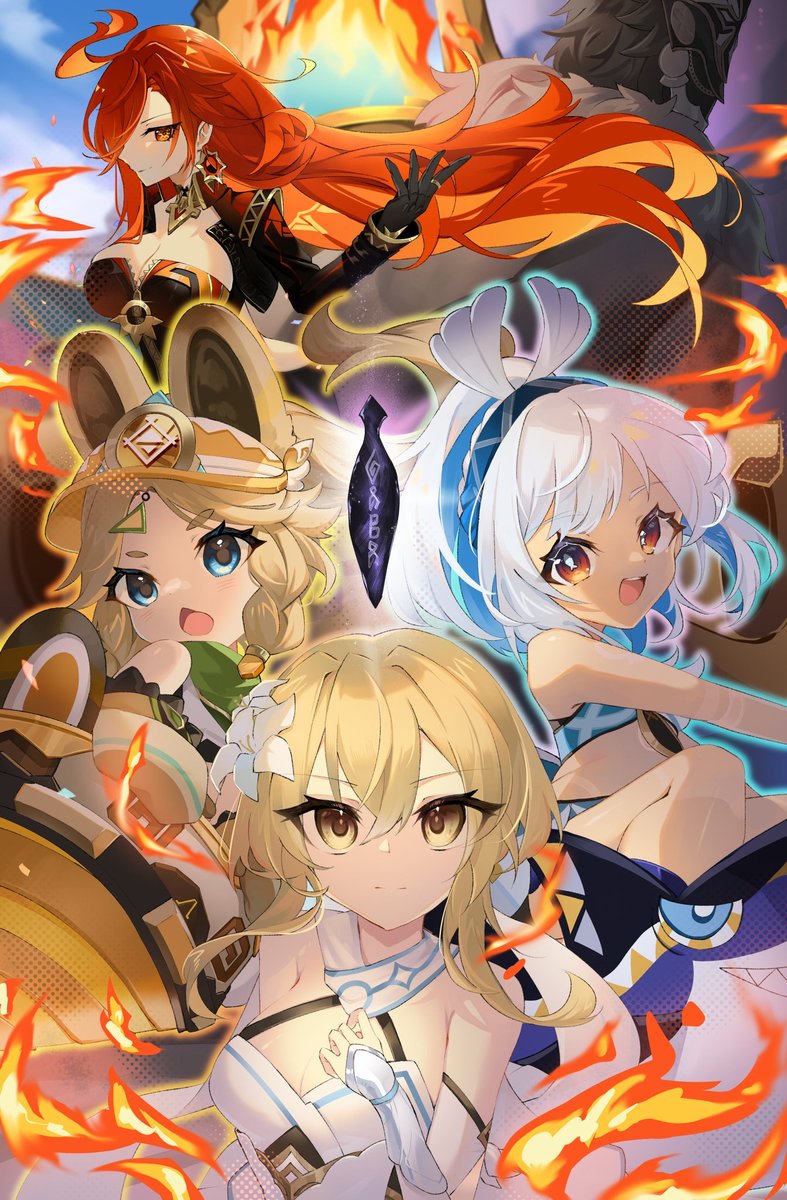 lumine, mavuika, mualani, kachina, and capitano (genshin impact) drawn by ebichiri_sunday