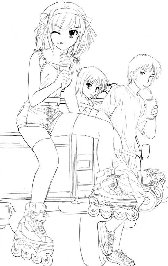 suzumiya haruhi, nagato yuki, and kyon (suzumiya haruhi no yuuutsu) drawn by vogue
