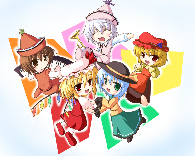flandre scarlet, komeiji koishi, aki minoriko, lyrica prismriver, and merlin prismriver (touhou) drawn by miyo_(miyomiyo01)