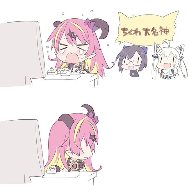 shirakami fubuki, a-chan, and mano aloe (hololive) drawn by blade_(galaxist)