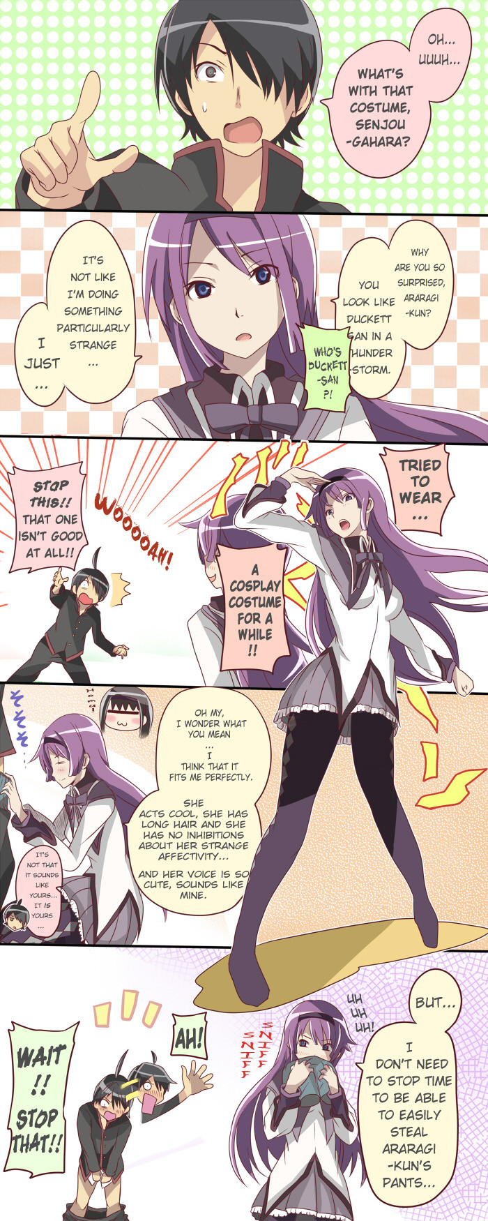 senjougahara hitagi, araragi koyomi, and saitou chiwa (mahou shoujo madoka magica and 2 more) drawn by chuuta_(+14)