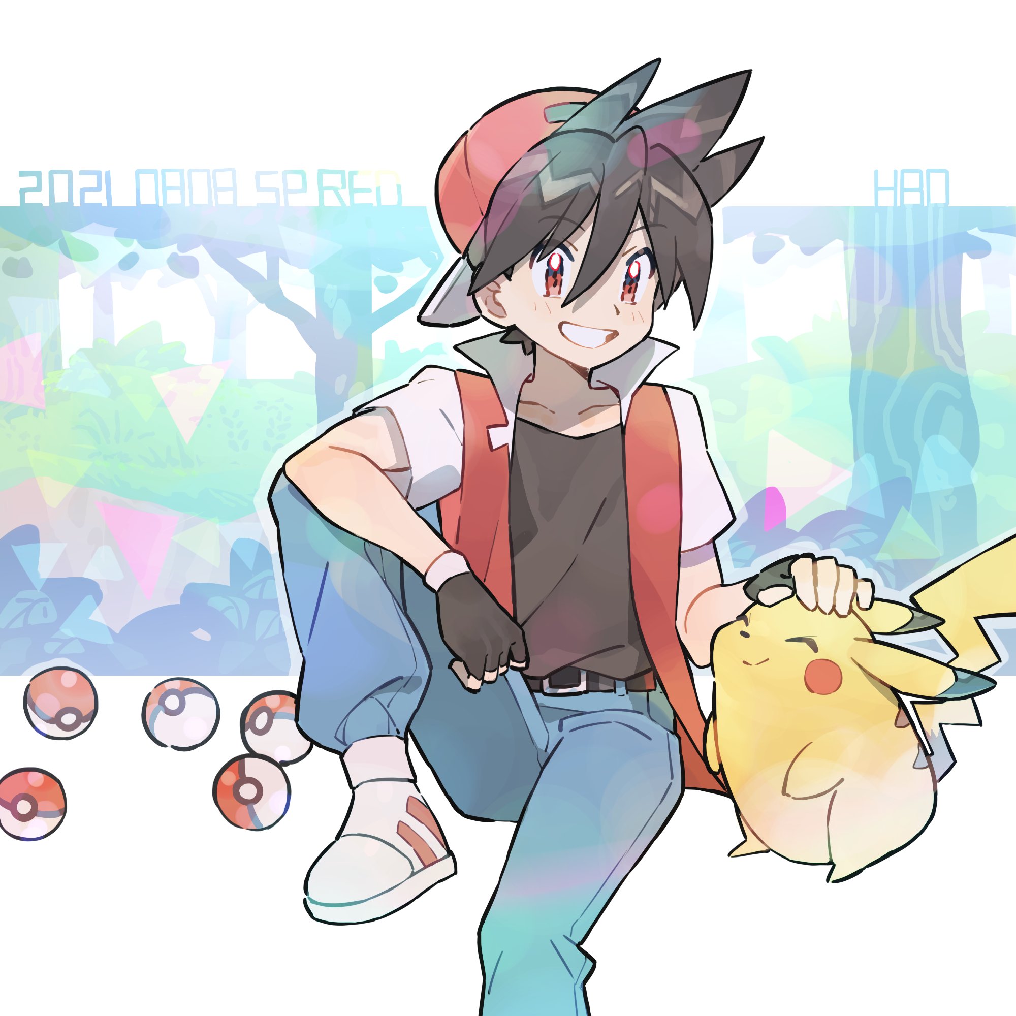 pikachu and red (pokemon and 1 more) drawn by rata_(m40929)