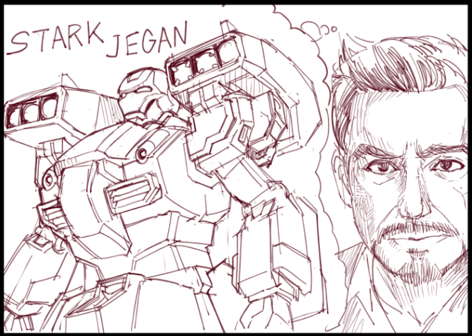 tony stark, iron man, and stark jegan (gundam and 3 more) drawn by kin-san_(sasuraiga)