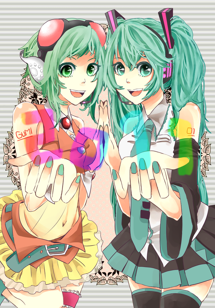 hatsune miku and gumi (vocaloid) drawn by ogakko_(oga_rhythm)