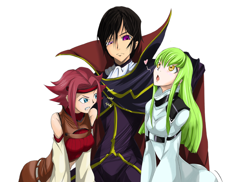 c.c., lelouch vi britannia, and kouzuki kallen (code geass) drawn by chihi