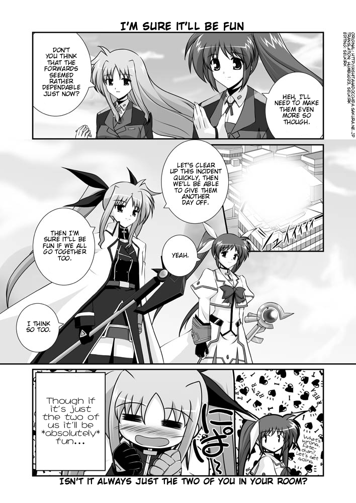 fate testarossa, takamachi nanoha, raising heart, and bardiche (lyrical nanoha and 1 more) drawn by mikage_takashi