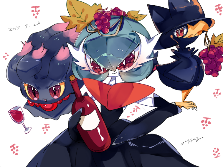 gardevoir, mega gardevoir, misdreavus, and murkrow (pokemon) drawn by miri_yama