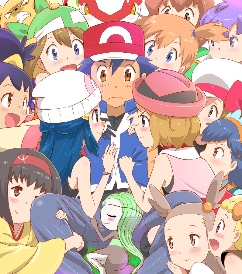 pikachu, dawn, may, ash ketchum, serena, and 13 more (pokemon and 5 more) drawn by mushi_gyouza