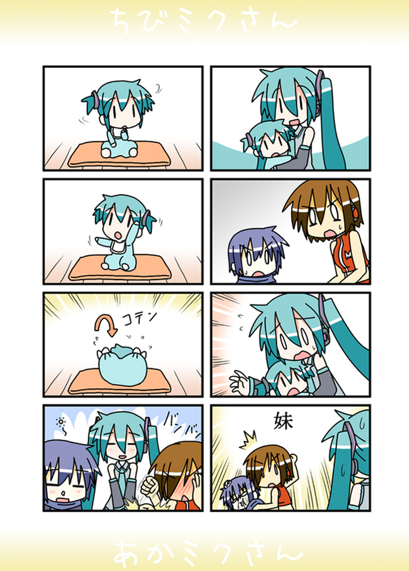 hatsune miku, kaito, meiko, and chibi miku (vocaloid) drawn by minami_(colorful_palette)