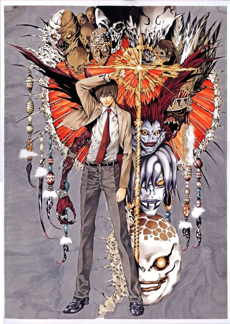 yagami light, ryuk, rem, jealous, sidoh, and 3 more (death note) drawn by obata_takeshi