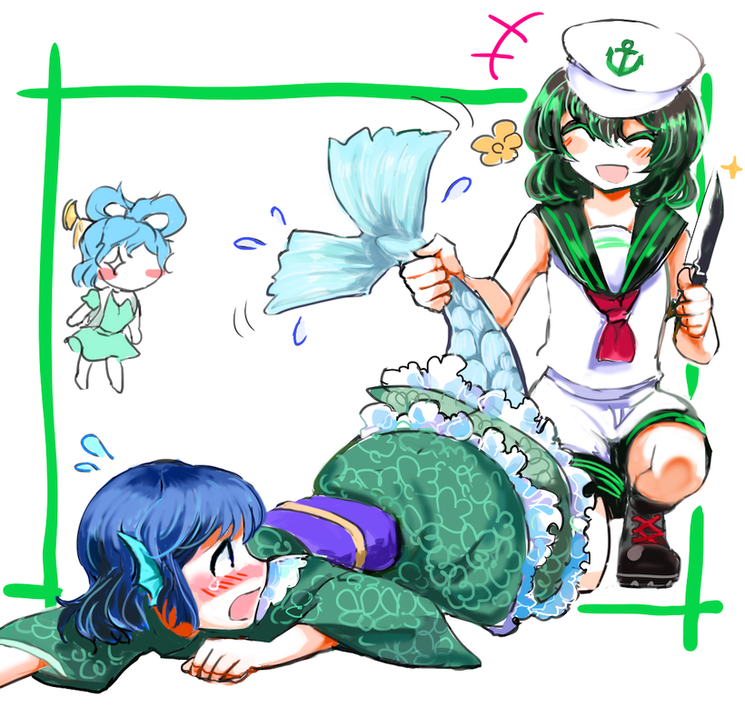 kaku seiga, murasa minamitsu, and wakasagihime (touhou) drawn by chamaruk