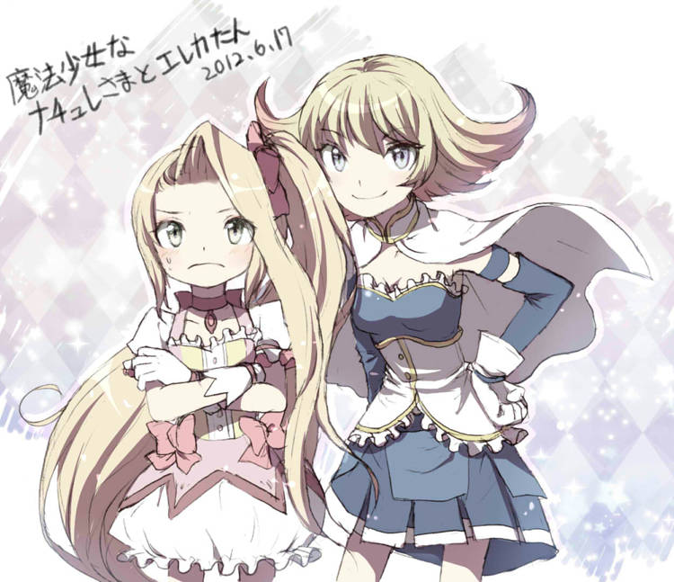kaname madoka, miki sayaka, viridi, and phosphora (mahou shoujo madoka magica and 2 more) drawn by azumi_(tks-sd)