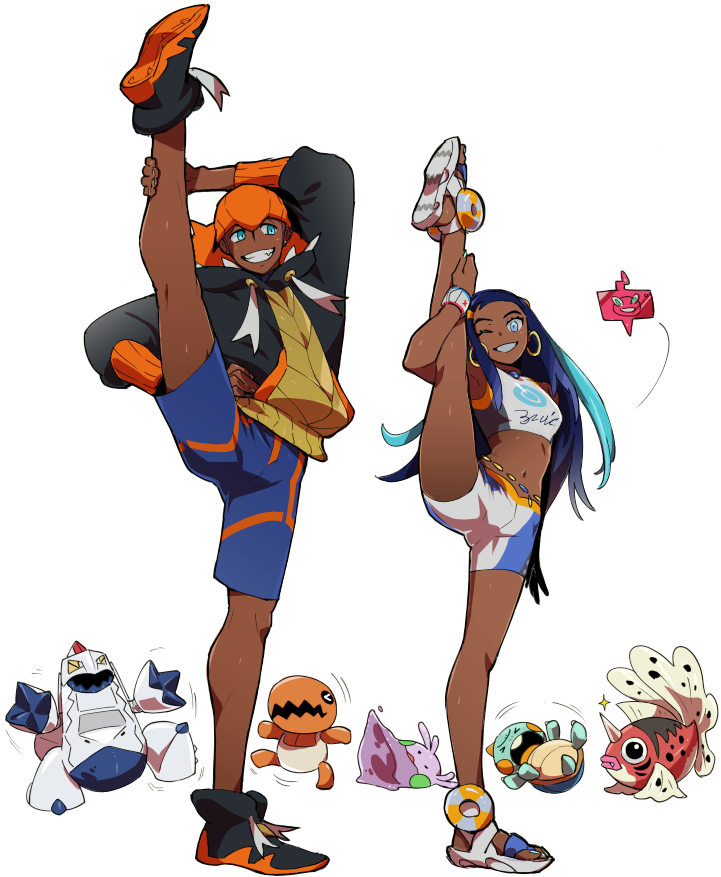 raihan, rotom, nessa, rotom phone, goomy, and 4 more (pokemon and 1 more) drawn by unko_yoshida