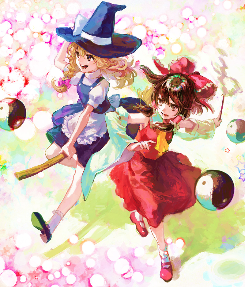 hakurei reimu and kirisame marisa (touhou) drawn by taira