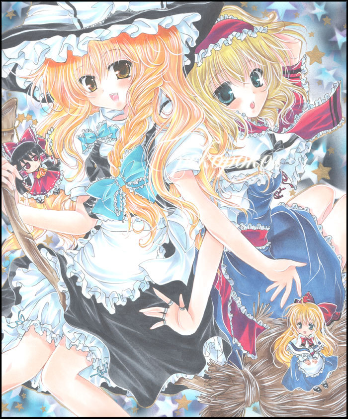 hakurei reimu, kirisame marisa, alice margatroid, and shanghai doll (touhou) drawn by pekopokox